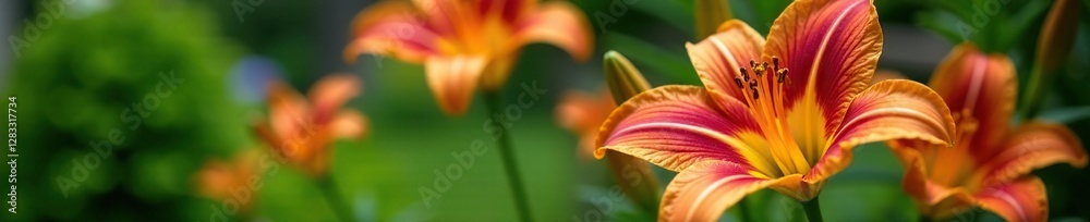 Fototapeta premium Red and yellow striped lily in a container garden, container garden, nature