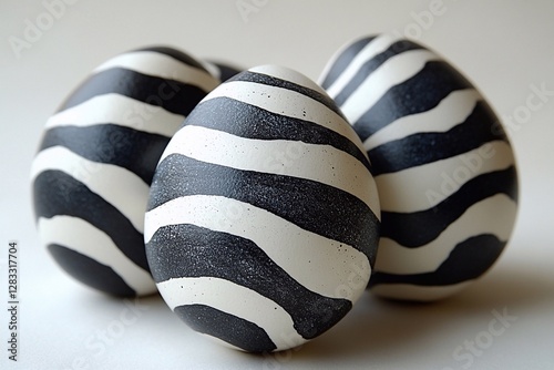 Fototapeta Naklejka Na Ścianę i Meble -  
Black and white Easter eggs with geometric lines, photographed on a pure white background.

