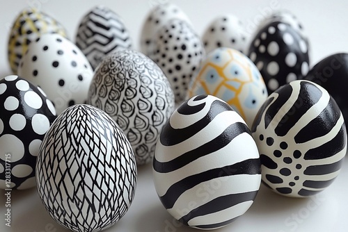 
Black and white Easter eggs with geometric lines, photographed on a pure white background.

