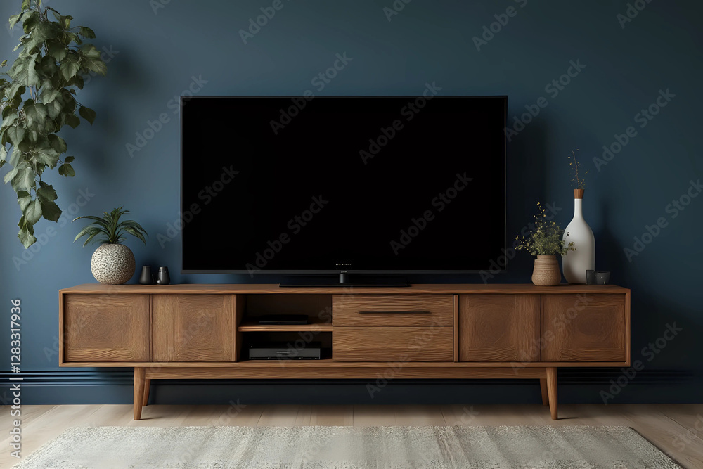 Woodle TV cabinate with dark blue wall background at Modern mid-century interior living decor. Front view. Woodle TV cabinate with dark blue wall background at Modern mid-century interior living decor. Front view.
