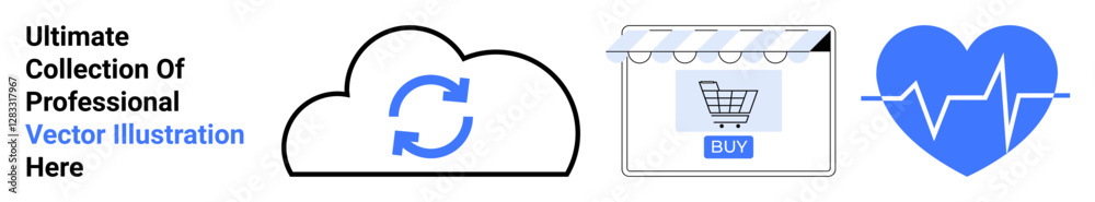 Cloud sync, shopping cart under awning, heart with heartbeat line. Ideal for technology, e-commerce, health, connectivity, innovation, lifestyle flat landing page banner Cloud sync, shopping cart under awning, heart with heartbeat line. Ideal for technology, e-commerce, health, connectivity, innovation, lifestyle flat landing page banner