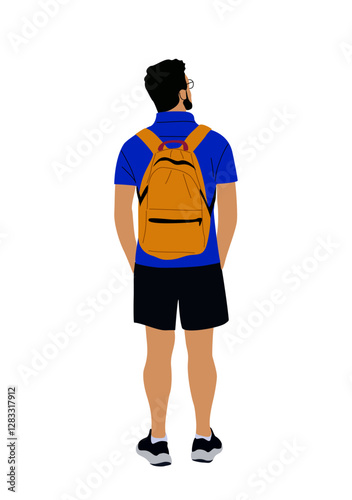 Young man standing rear view with backpack. Handsome bearded guy in summer casual clothes, student, traveler, tourist. Vector realistic illustration isolated