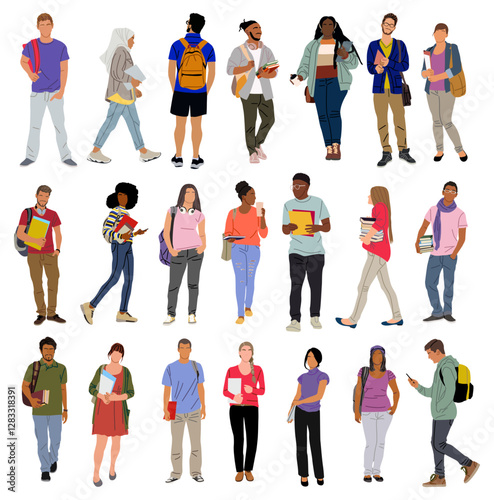 Group of multiracial and multicultural students. Young girls and boys holding books, folders standing and walking to college, university. Vector realistic illustration isolated