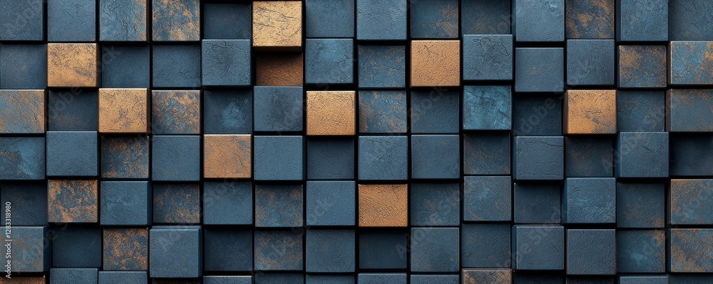 A modern arrangement of blue and gold cubes creates a textured, geometric pattern, highlighting contrast and design.
