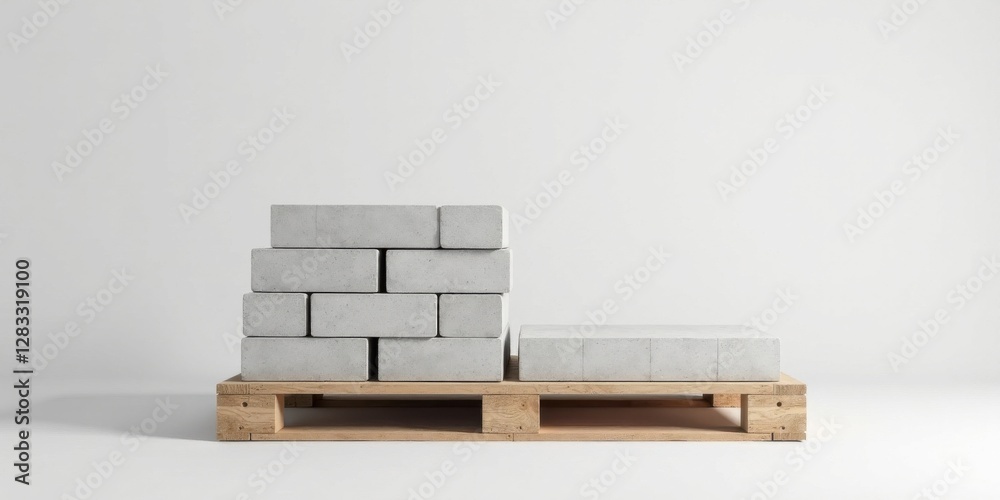 Obraz premium A pallet of light gray concrete blocks arranged in a staggered pattern, ready for construction or architectural projects