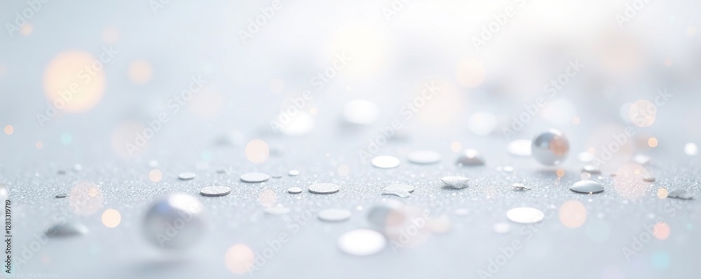 Fototapeta premium Iridescent silver confetti scattered on a white background with a subtle gradient effect, shine, confetti, metallic