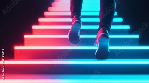 Dynamic ascension a person climbing neon-lit stairs urban setting digital art futuristic environment low angle motivation