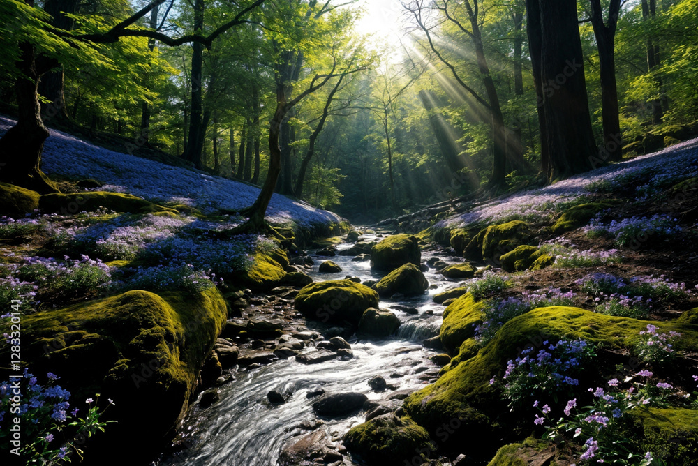 Obraz premium Sunlit Forest with Flowing Stream