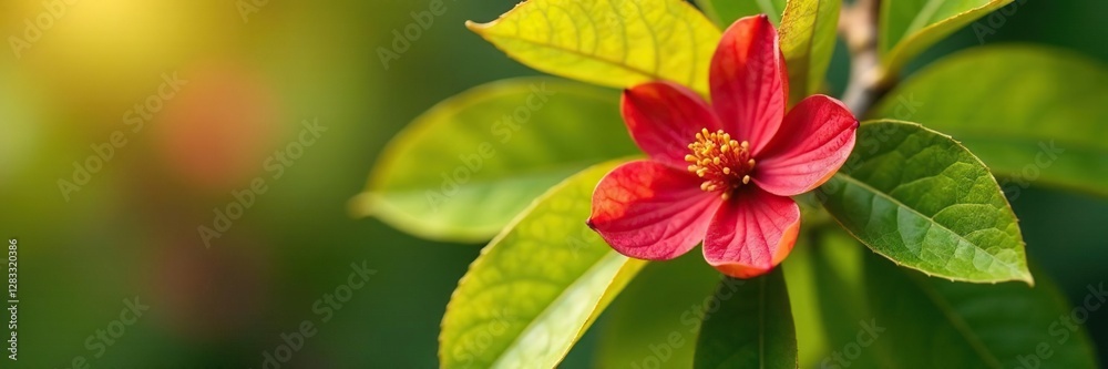 Red guava blossom on a branch with yellow leaves, tree, nature Red guava blossom on a branch with yellow leaves, tree, nature
