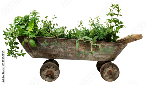 Rustic wheelbarrow with fresh herbs