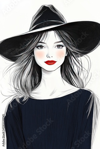 Stylish Woman in Black Hat and Dark Dress with Red Lips - Fashion Illustration