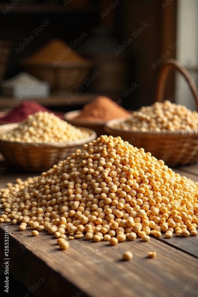 Wooden table with a large pile of dried soybeans and some smaller baskets nearby, brown, soybean, agricultural produce Wooden table with a large pile of dried soybeans and some smaller baskets nearby, brown, soybean, agricultural produce