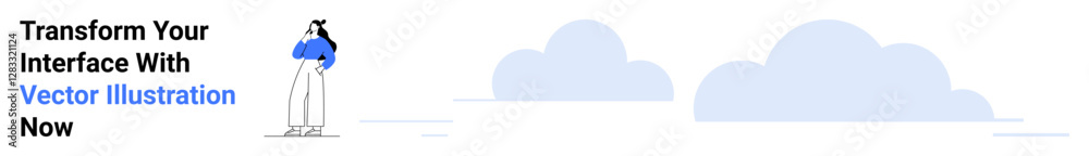 Person holding phone near blue clouds with minimal design style. Ideal for technology, communication, creativity, user interface, modern design, business, flat landing page banner Person holding phone near blue clouds with minimal design style. Ideal for technology, communication, creativity, user interface, modern design, business, flat landing page banner