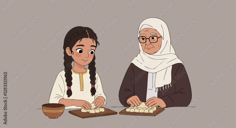 An elderly Middle Eastern woman and a young girl prepare traditional sweets for Eid al-Fitr, symbolizing family and cultural festivities. An elderly Middle Eastern woman and a young girl prepare traditional sweets for Eid al-Fitr, symbolizing family and cultural festivities.