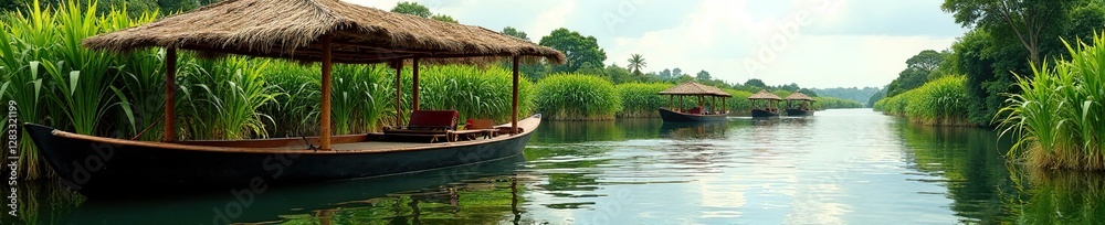 Woven reeds create a natural roof over the barge, boats, water Woven reeds create a natural roof over the barge, boats, water