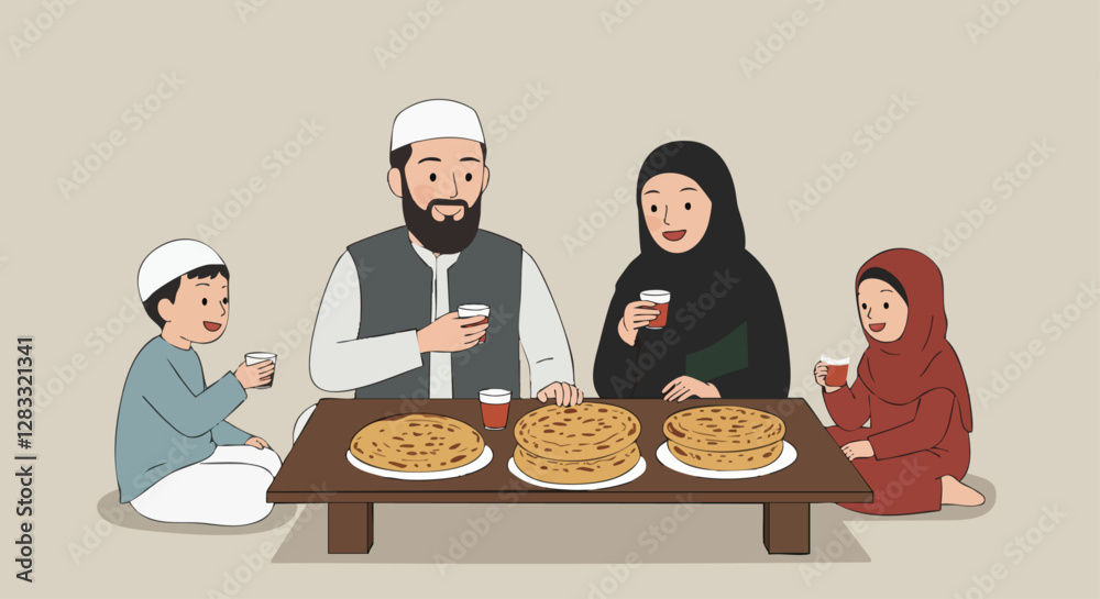 A family of four enjoys a traditional Afghan meal together, celebrating Eid al-Fitr with joy, unity, and delicious food. A family of four enjoys a traditional Afghan meal together, celebrating Eid al-Fitr with joy, unity, and delicious food.