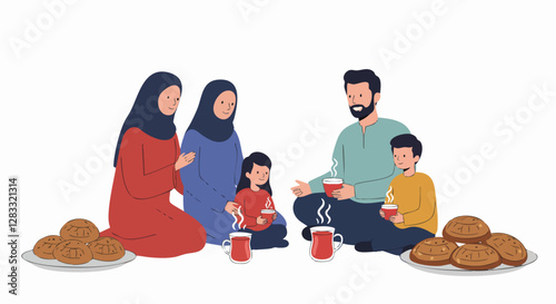 A family gathers joyfully, sharing traditional pastries and tea, celebrating Eid with warmth and unity in a cozy setting.