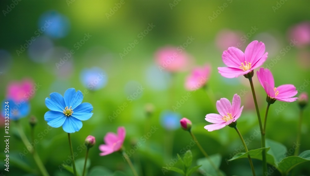 Fototapeta premium Blue and pink forget-me-nots growing in a lush meadow, floral, greenery, forget me nots