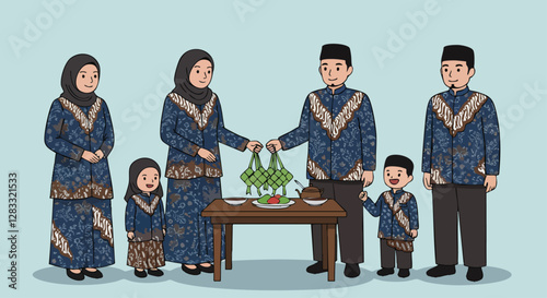 Indonesian family celebrating Eid al-Fitr, exchanging traditional food in festive attire, fostering togetherness and cultural heritage.