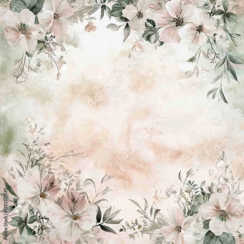 Floral Canvas: A delicate array of painted blossoms gracefully frame a painterly, soft-focus backdrop, forming an image of floral composition and gentle beauty. 