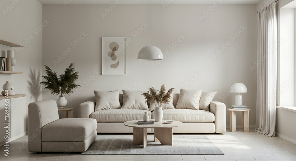 Fototapeta premium Modern Minimalist Living Room Interior Design Beige Sofa home cozy calm decor style space simple
