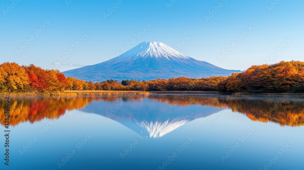 A stunning view of a snow-capped mountain reflected in a tranquil lake, surrounded by vibrant autumn foliage under a clear blue sky. A stunning view of a snow-capped mountain reflected in a tranquil lake, surrounded by vibrant autumn foliage under a clear blue sky.