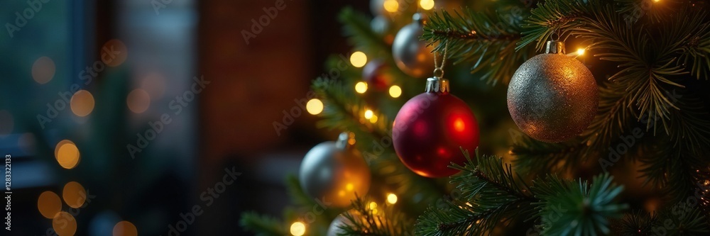 Fototapeta premium Festive Christmas tree with lights and ornaments, decorating the tree, lights, tree