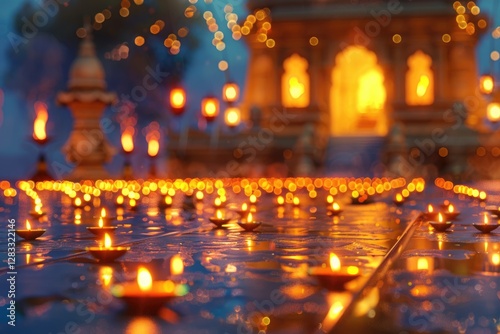 A beautiful and vibrant background of an Indian temple with many lit oil lamps on the ground, celebrating festival diwali.
