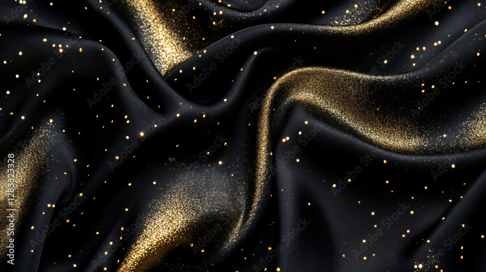 Obraz premium Abstract background with luxury black silk fabric with gold glitter. Texture of elegant dark cloth with gold shine, smooth satin drapery surface, vector realistic illustration