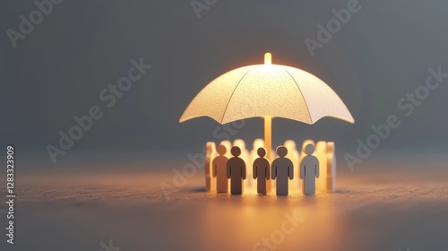 Wallpaper Mural Protective community gathering under umbrella indoor setup paper art minimalist environment top view symbolizing unity Torontodigital.ca