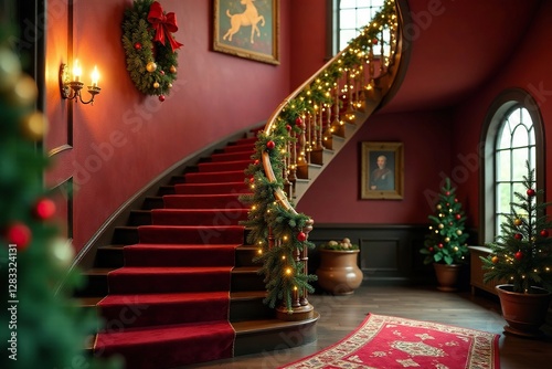 Festive staircase adorned with garlands and Christmas decorations, garlands, seasonally themed, festive atmosphere