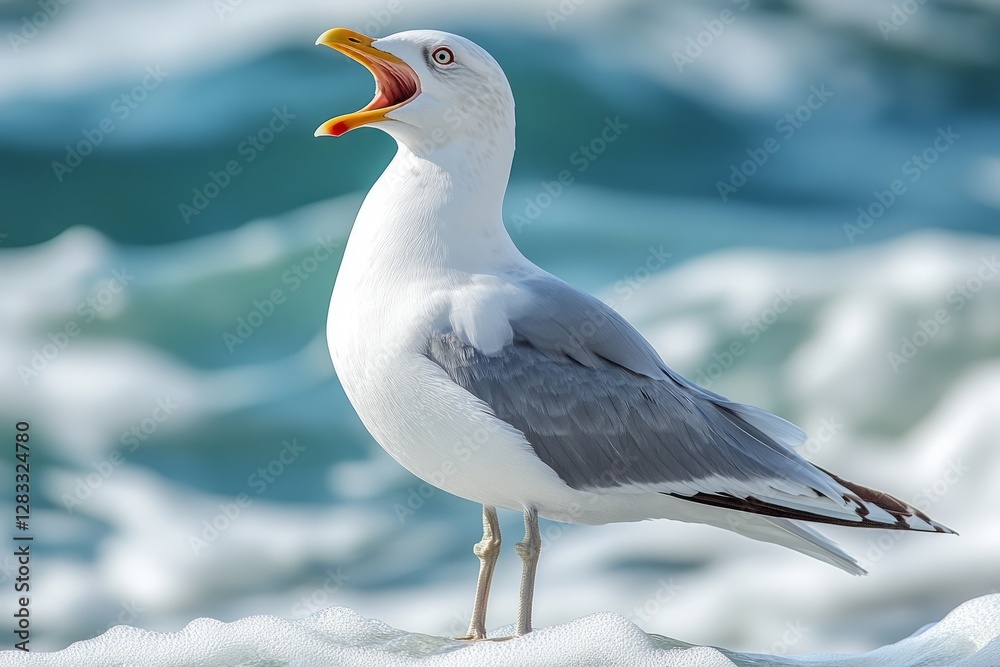 Seagull calling out loudly on the shore with an open beak and ocean waves in the background Seagull calling out loudly on the shore with an open beak and ocean waves in the background