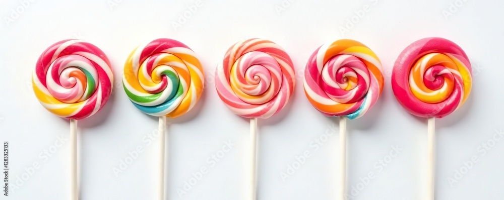 Isolated lollipops on white background with decorative items nearby, minimalist, background