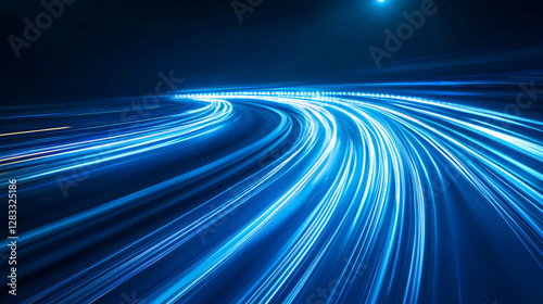 Abstract blue background with blurred light trails representing fast data transfer and innovation.