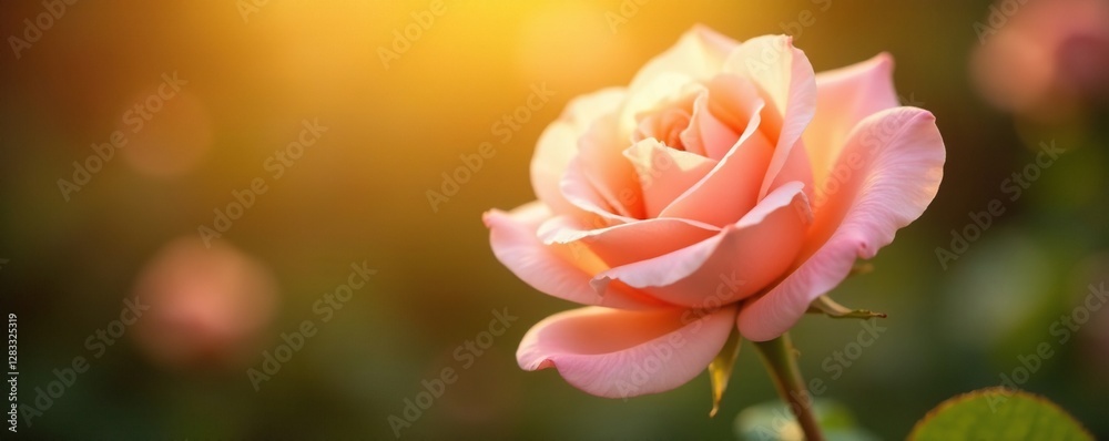 Fototapeta premium Soft peach rose blossom with delicate petals unfolding in warm sunlight, nature, blossom, floral