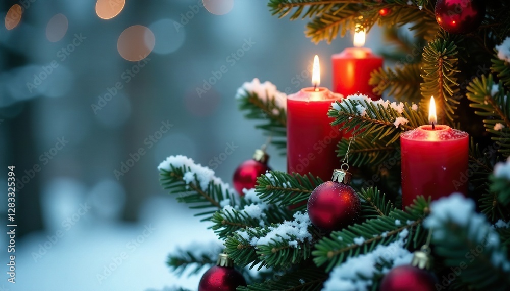 red candles and greenery adorn the branches of a snow-covered fir tree, Christmas, decorations, evergreen red candles and greenery adorn the branches of a snow-covered fir tree, Christmas, decorations, evergreen