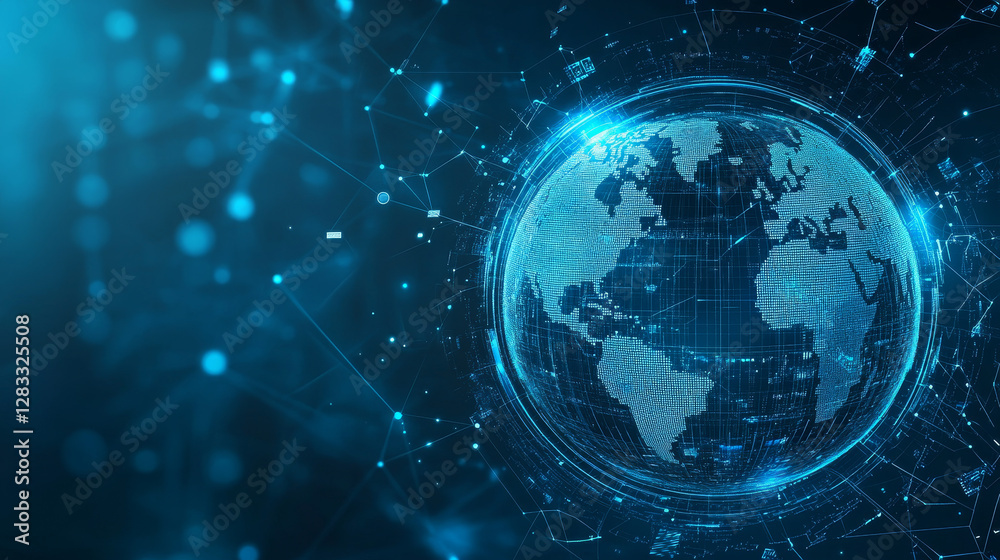 Fototapeta premium Blue futuristic background. Bitcoin and blockchain. Electronic cryptocurrency and modern technology. Online banking, and financial communications. World wide web. Hologram with a globe of the word