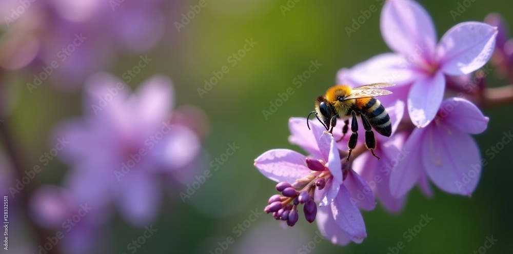 Fototapeta premium Yellow and black striped bee collecting pollen from wisteria flowers in a garden, insects, nature, spring