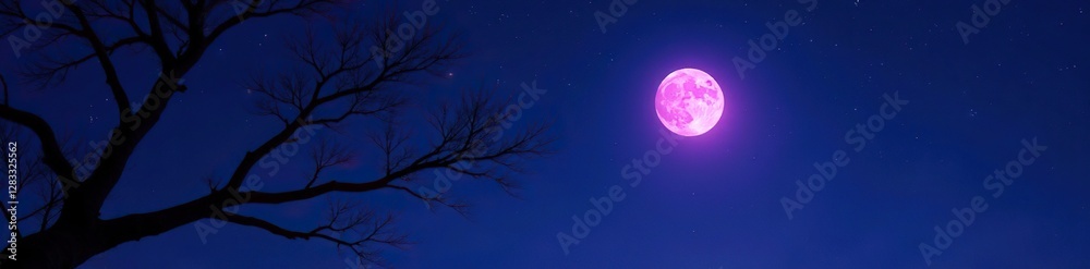 Fototapeta premium Dark purple moon rises above a barren tree branch against the starry night sky, atmosphere, dark sky