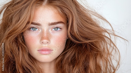 Redhead woman, close-up portrait, messy hair, white background, beauty