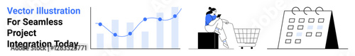 Data graph with line chart, person shopping online with cart, large calendar for scheduling tasks. Ideal for business analytics, e-commerce planning, project management, scheduling tools