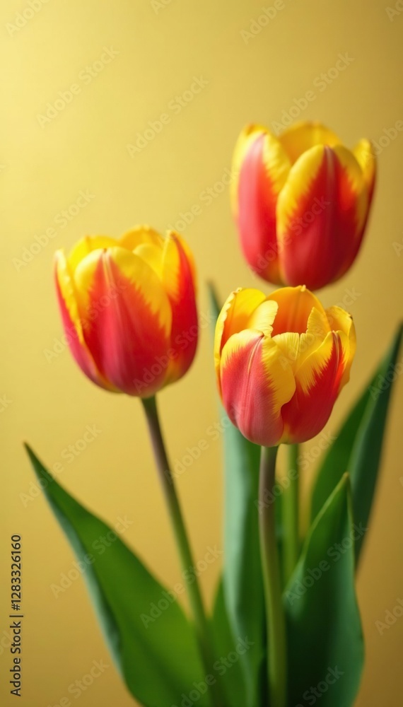 Yellow and red tulips with delicate green leaves, yellow, nature Yellow and red tulips with delicate green leaves, yellow, nature
