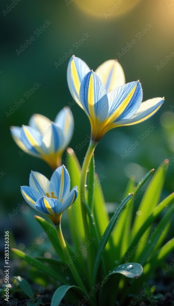 Fototapeta premium Blue and yellow striped flowers in morning dew, yellow, water
