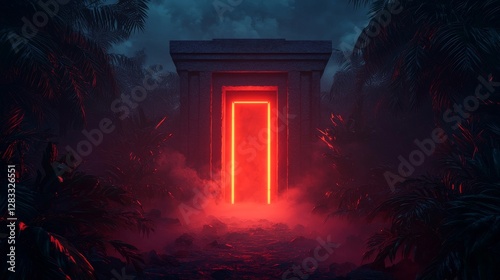 A mysterious red doorway glows in a dark, foggy jungle, creating an eerie atmosphere that invites curiosity and exploration.
