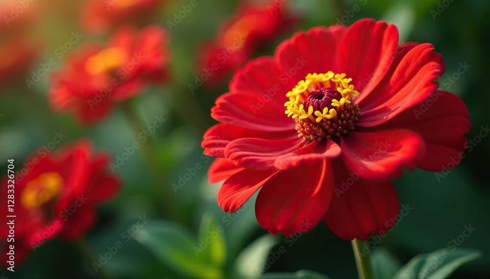 Obraz premium In-depth look at the intricate details of Zinnia elegans flowers, garden, red