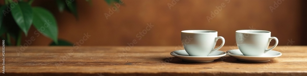 Wooden table with empty coffee cups and a warm background, highlighting textures and tones, wooden table, textures, ceramics