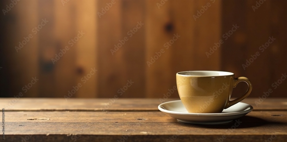 Fototapeta premium Wooden table with empty coffee cups and a warm background, highlighting textures and tones, wooden table, still life, ceramics