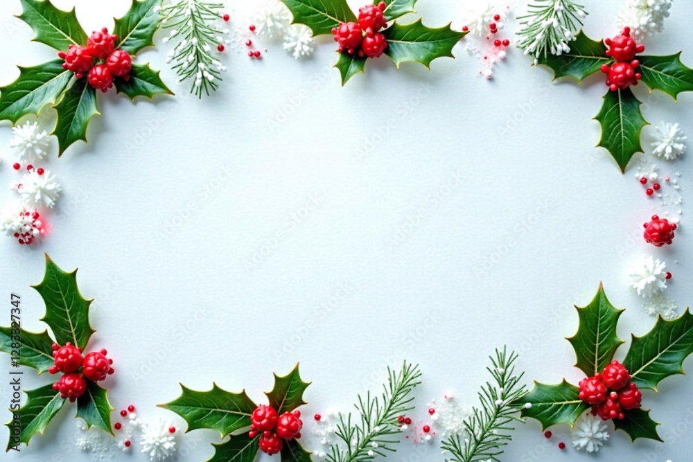 Red and green holly sprigs scattered across a snowy white Christmas background, seasonal flowers, christmas colors, cold weather Red and green holly sprigs scattered across a snowy white Christmas background, seasonal flowers, christmas colors, cold weather