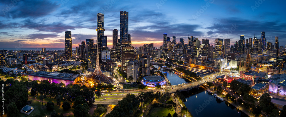 Fototapeta premium Aerial panoramic image of Melbourne Victoria Australia at sunset