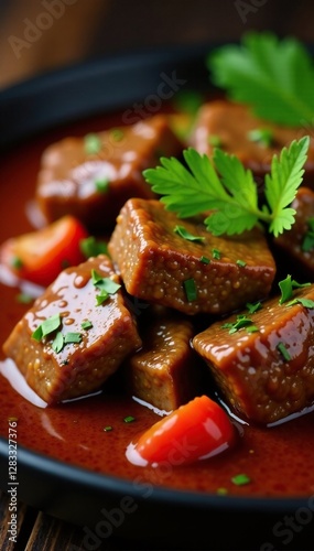 Beef tenderly cooked in a rich, flavorful sauce, fragrant, beef